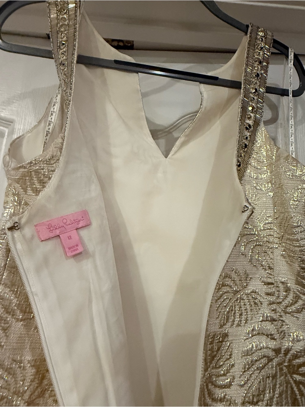 Lilly Pulitzer Ivory and Gold Leaf Embellished Mini Dress. - Picture 9 of 11